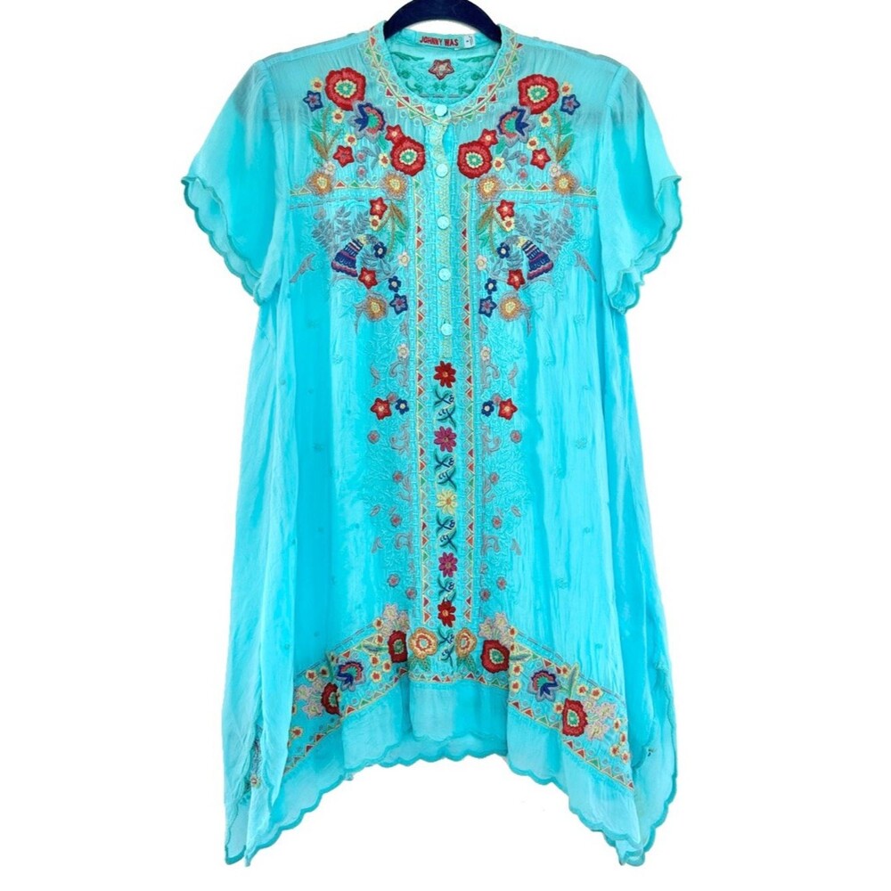 Johnny Was Small Aqua Mikones Tunic FLAWED Boho Lightweight Beach Festival